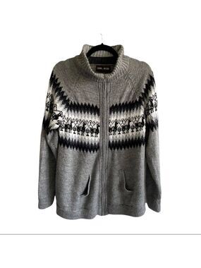 LAMA LUX Peru Zip Front Wool Cardigan Sweater Jacket Gray Black White M
